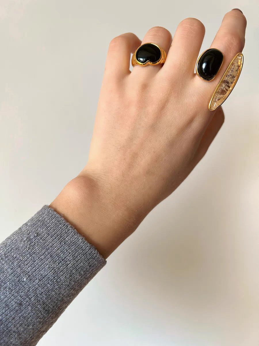 Art Design Rutilated Quartz Black Onyx Open Adjustable Ring - floysun