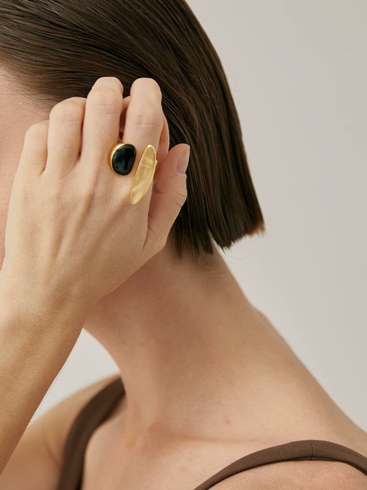 Art Design Rutilated Quartz Black Onyx Open Adjustable Ring - floysun