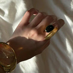 Art Design Rutilated Quartz Black Onyx Open Adjustable Ring - floysun