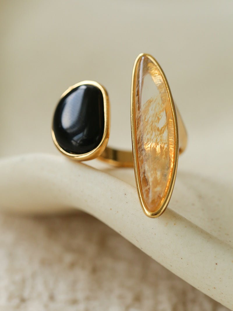 Art Design Rutilated Quartz Black Onyx Open Adjustable Ring - floysun