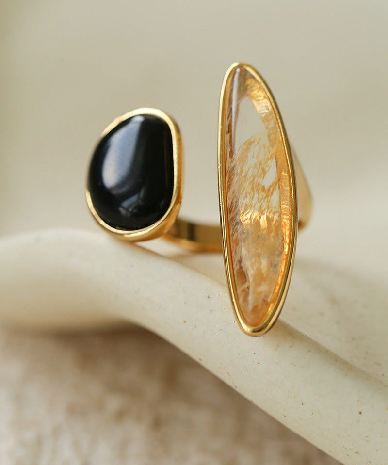 Art Design Rutilated Quartz Black Onyx Open Adjustable Ring - floysun
