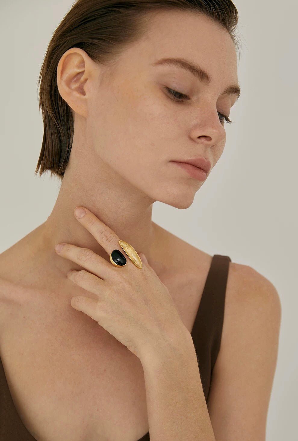 Art Design Rutilated Quartz Black Onyx Open Adjustable Ring - floysun