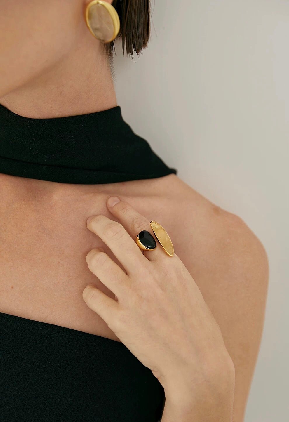 Art Design Rutilated Quartz Black Onyx Open Adjustable Ring - floysun