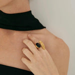 Art Design Rutilated Quartz Black Onyx Open Adjustable Ring - floysun
