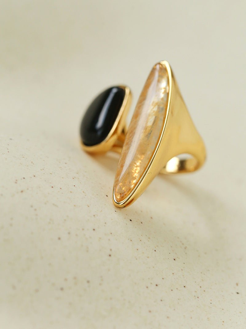 Art Design Rutilated Quartz Black Onyx Open Adjustable Ring - floysun