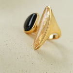 Art Design Rutilated Quartz Black Onyx Open Adjustable Ring - floysun