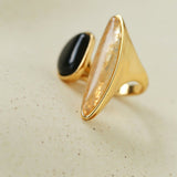 Art Design Rutilated Quartz Black Onyx Open Adjustable Ring - floysun