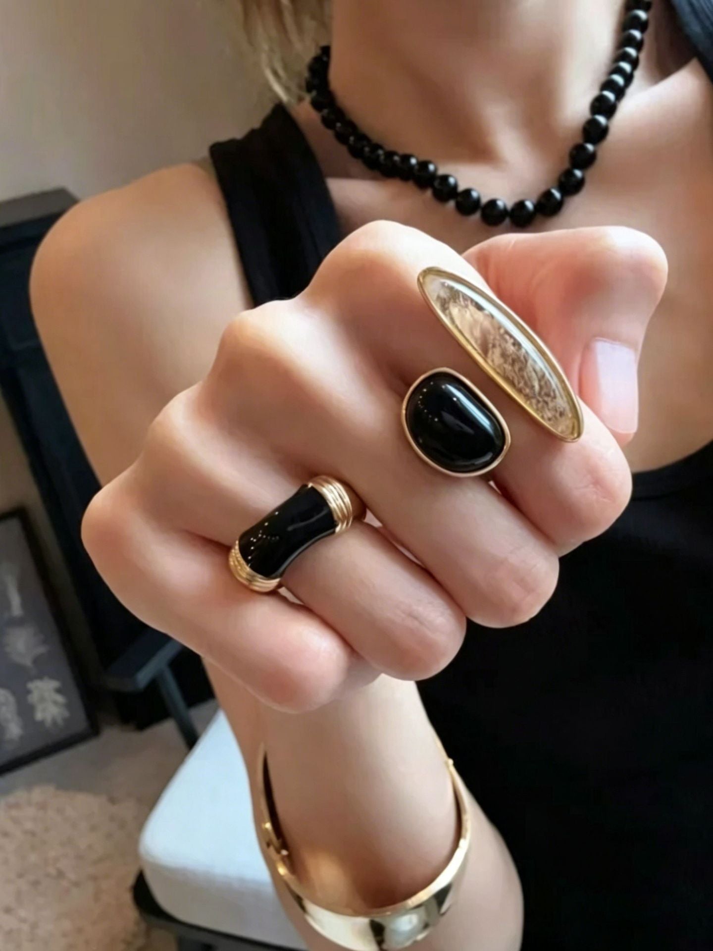 Art Design Rutilated Quartz Black Onyx Open Adjustable Ring - floysun