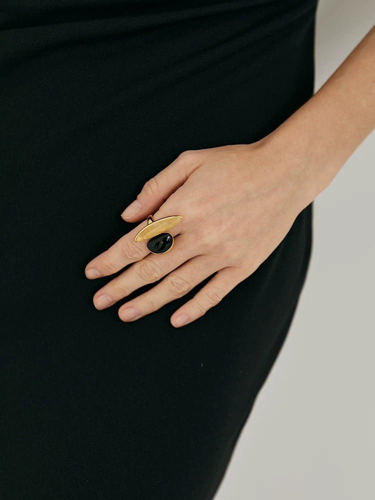 Art Design Rutilated Quartz Black Onyx Open Adjustable Ring - floysun