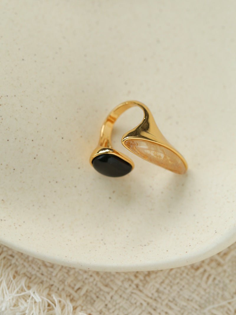 Art Design Rutilated Quartz Black Onyx Open Adjustable Ring - floysun