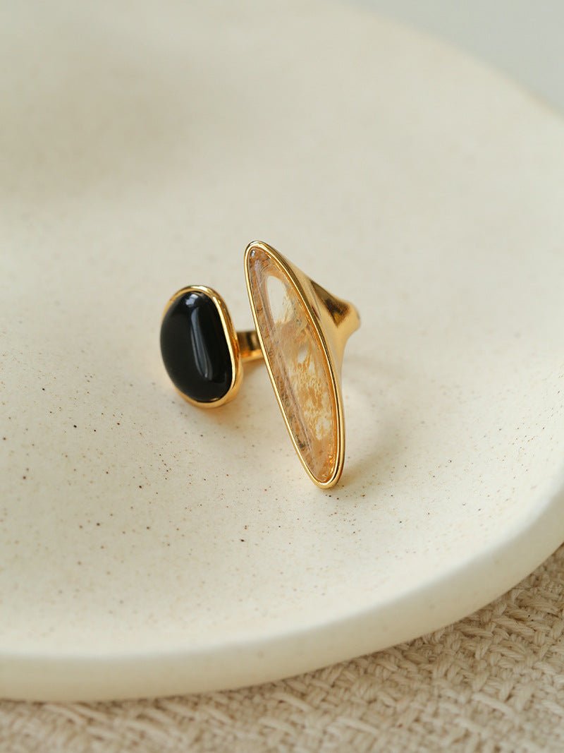 Art Design Rutilated Quartz Black Onyx Open Adjustable Ring - floysun