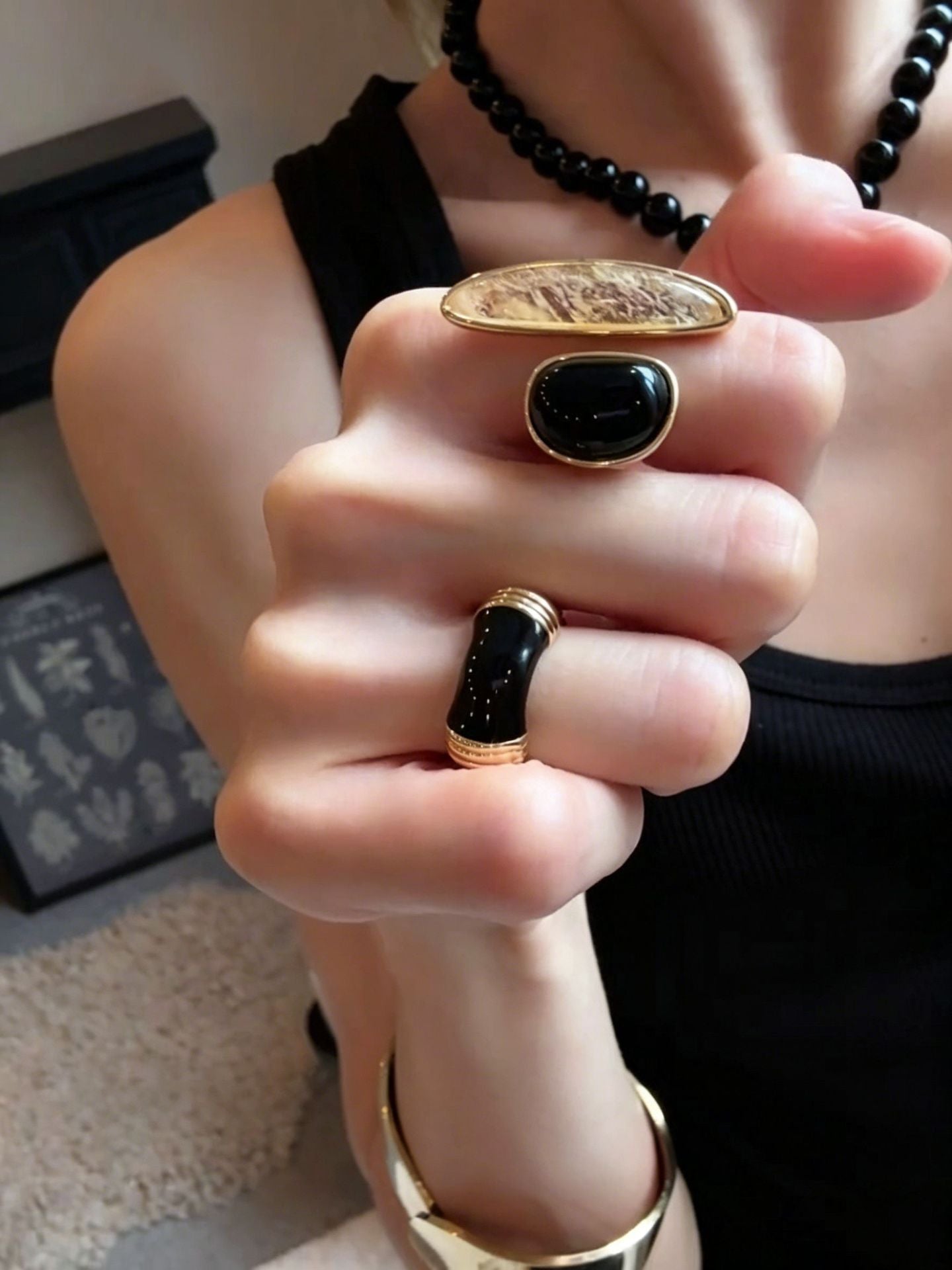 Art Design Rutilated Quartz Black Onyx Open Adjustable Ring - floysun
