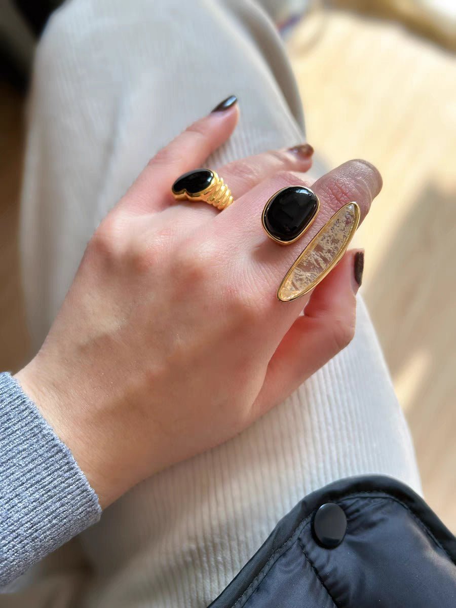 Art Design Rutilated Quartz Black Onyx Open Adjustable Ring - floysun