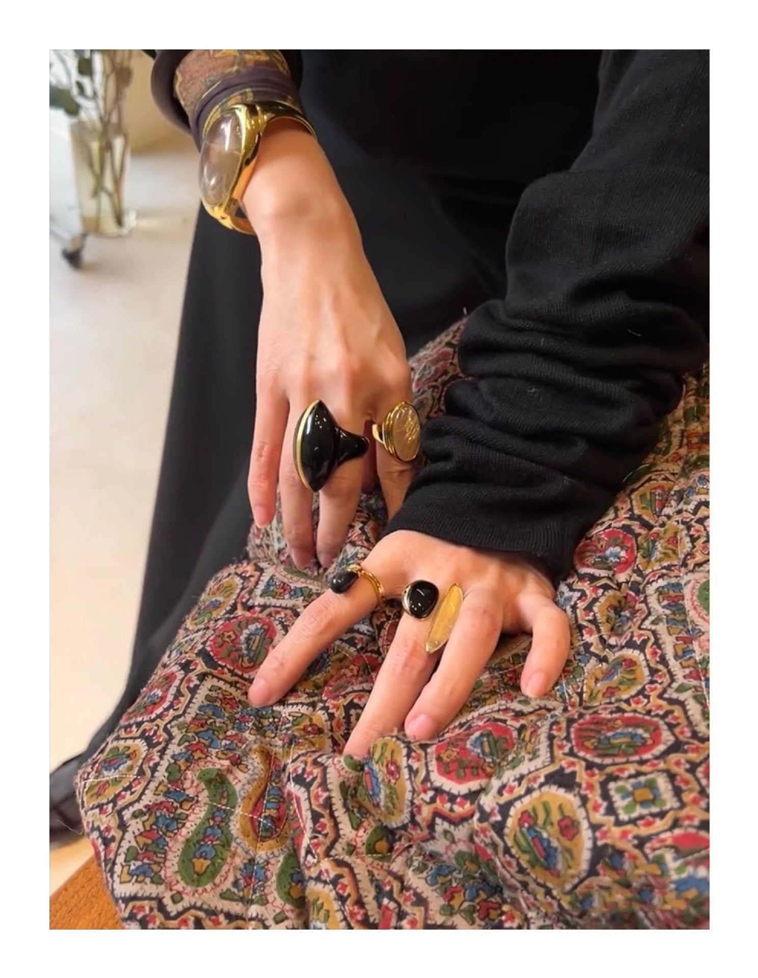 Art Design Rutilated Quartz Black Onyx Open Adjustable Ring - floysun