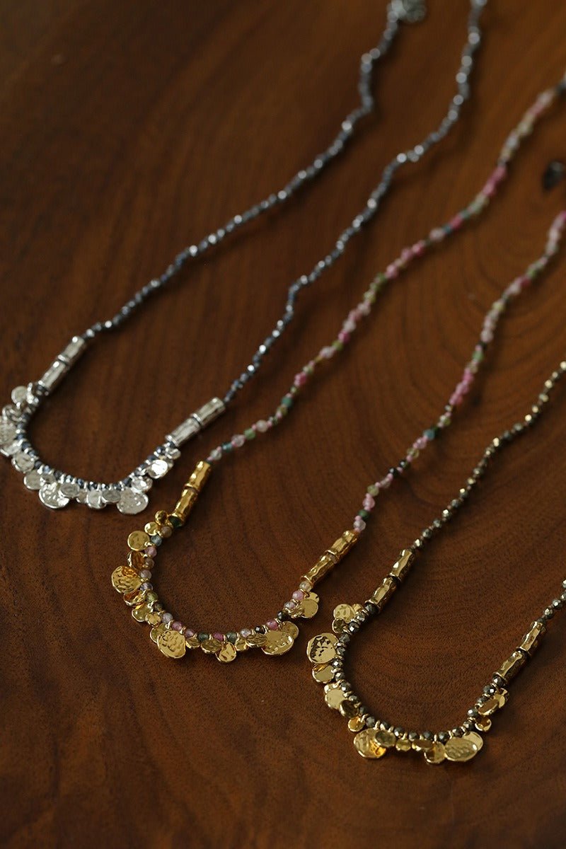Artisan Hammered Coin Charm Natural Stone Beaded Necklace - floysun