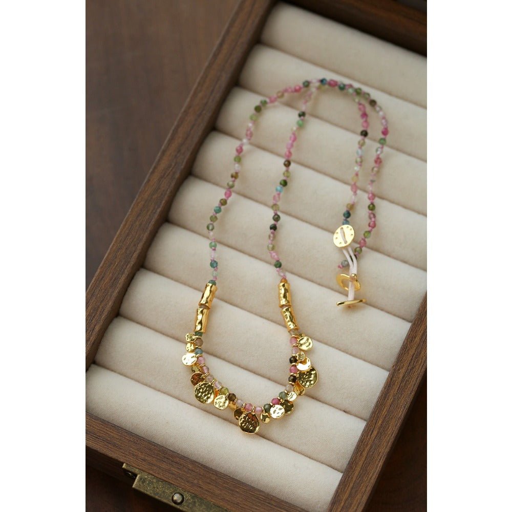 Artisan Hammered Coin Charm Natural Stone Beaded Necklace - floysun
