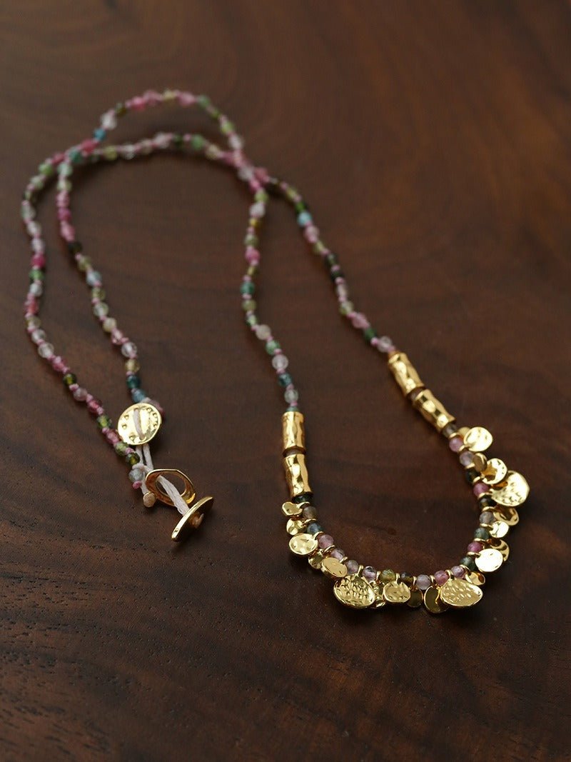Artisan Hammered Coin Charm Natural Stone Beaded Necklace - floysun