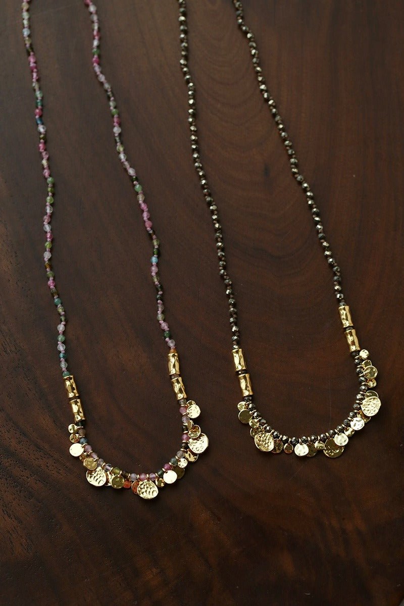Artisan Hammered Coin Charm Natural Stone Beaded Necklace - floysun