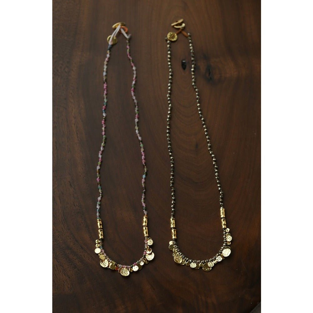 Artisan Hammered Coin Charm Natural Stone Beaded Necklace - floysun