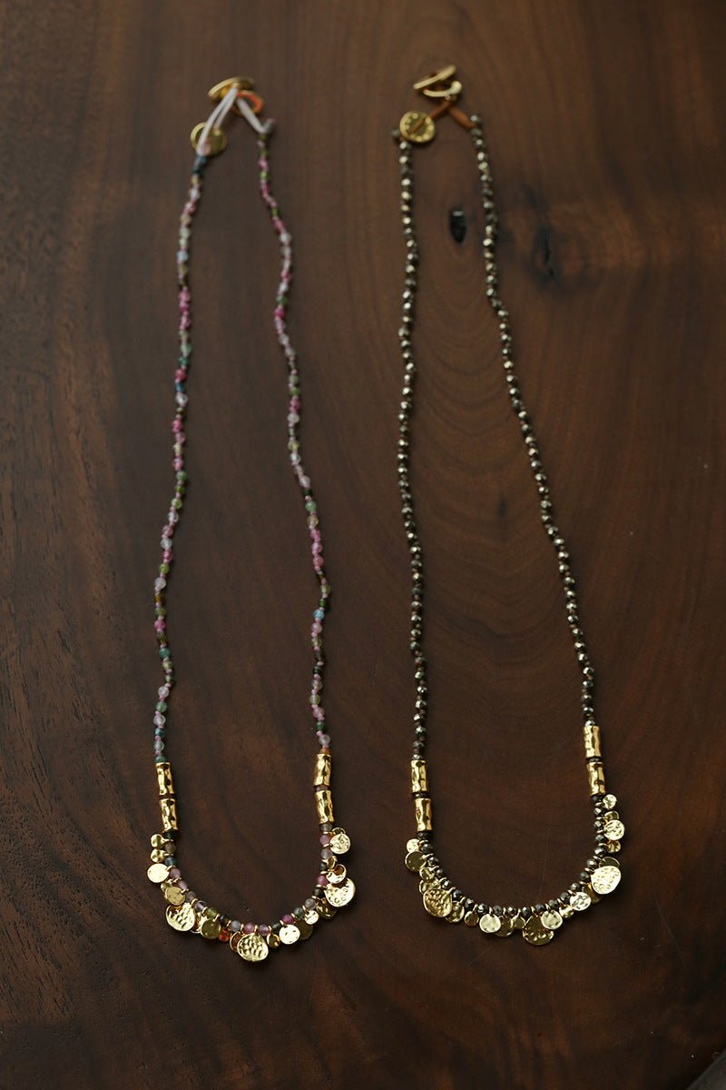 Artisan Hammered Coin Charm Natural Stone Beaded Necklace - floysun