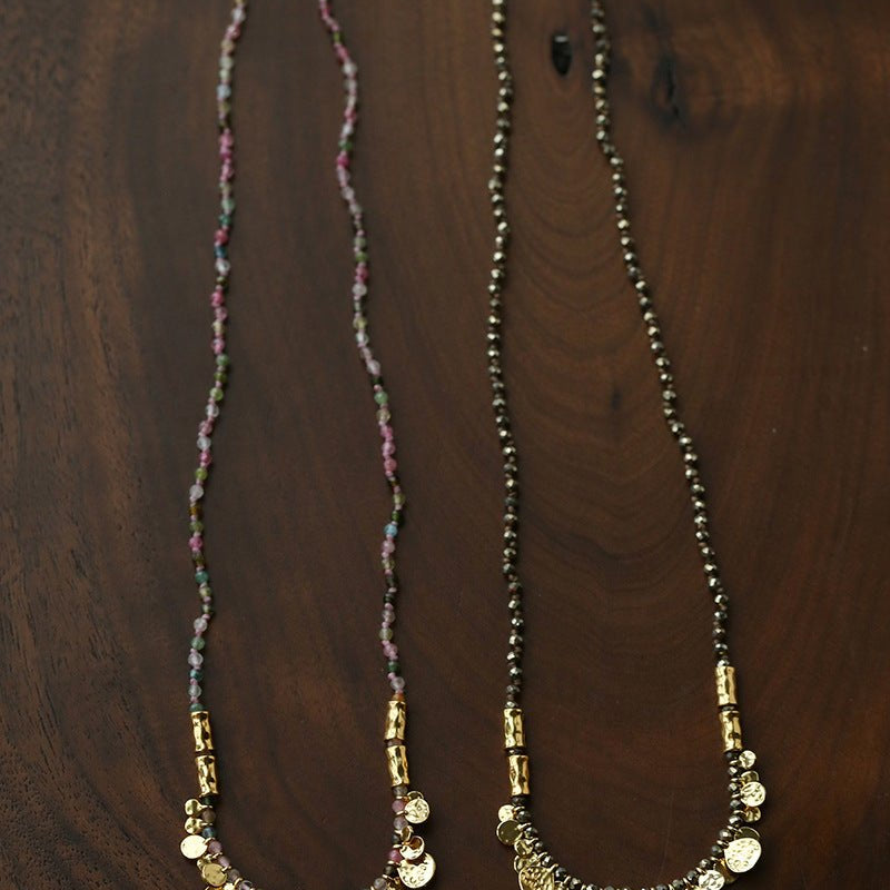 Artisan Hammered Coin Charm Natural Stone Beaded Necklace - floysun