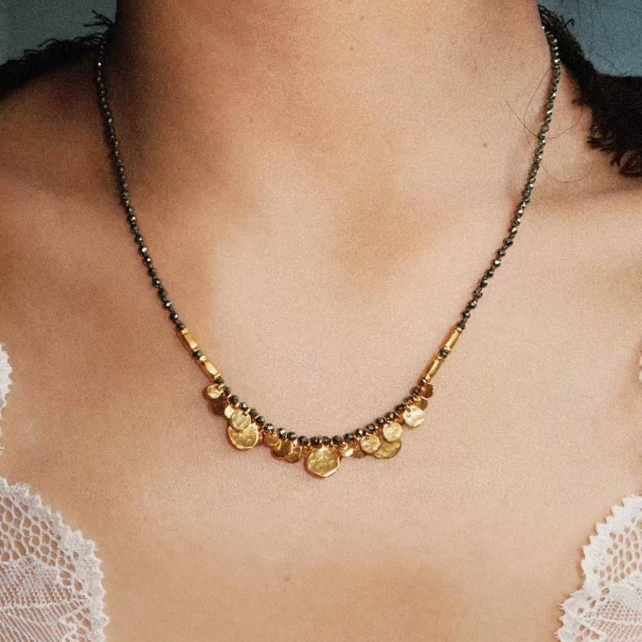 Artisan Hammered Coin Charm Natural Stone Beaded Necklace - floysun