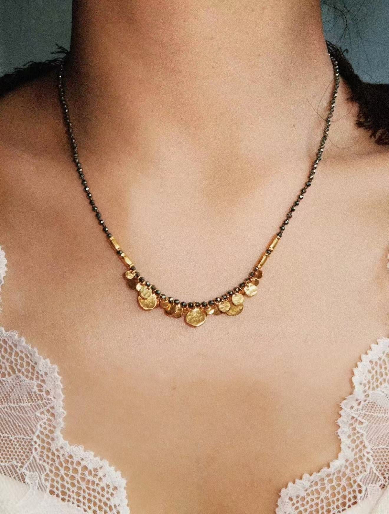 Artisan Hammered Coin Charm Natural Stone Beaded Necklace - floysun