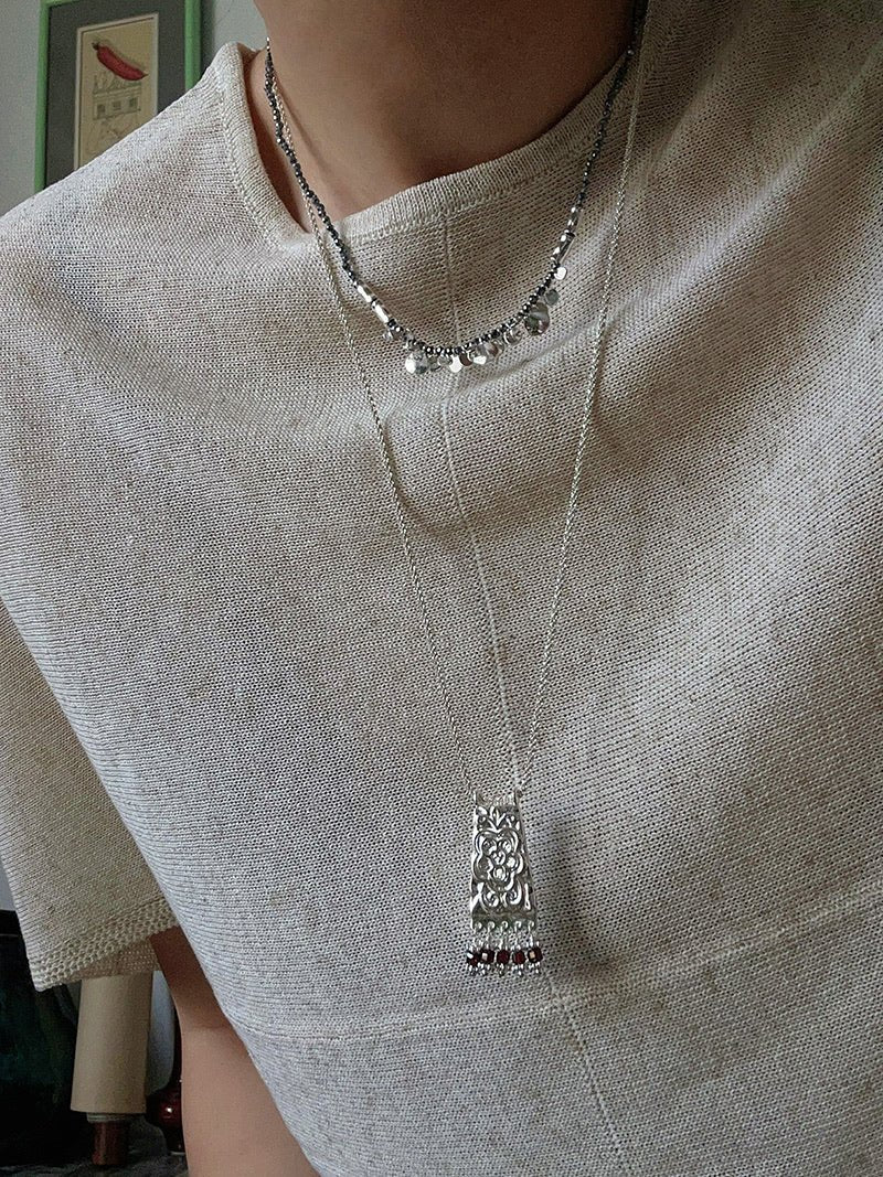Artisan Hammered Coin Charm Natural Stone Beaded Necklace - floysun