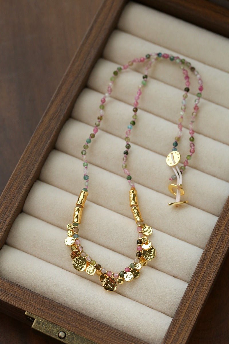 Artisan Hammered Coin Charm Natural Stone Beaded Necklace - floysun