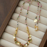 Artisan Hammered Coin Charm Natural Stone Beaded Necklace - floysun