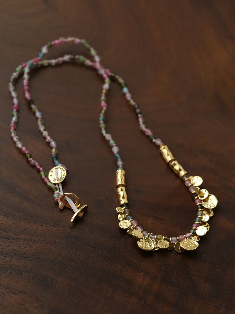 Artisan Hammered Coin Charm Natural Stone Beaded Necklace - floysun
