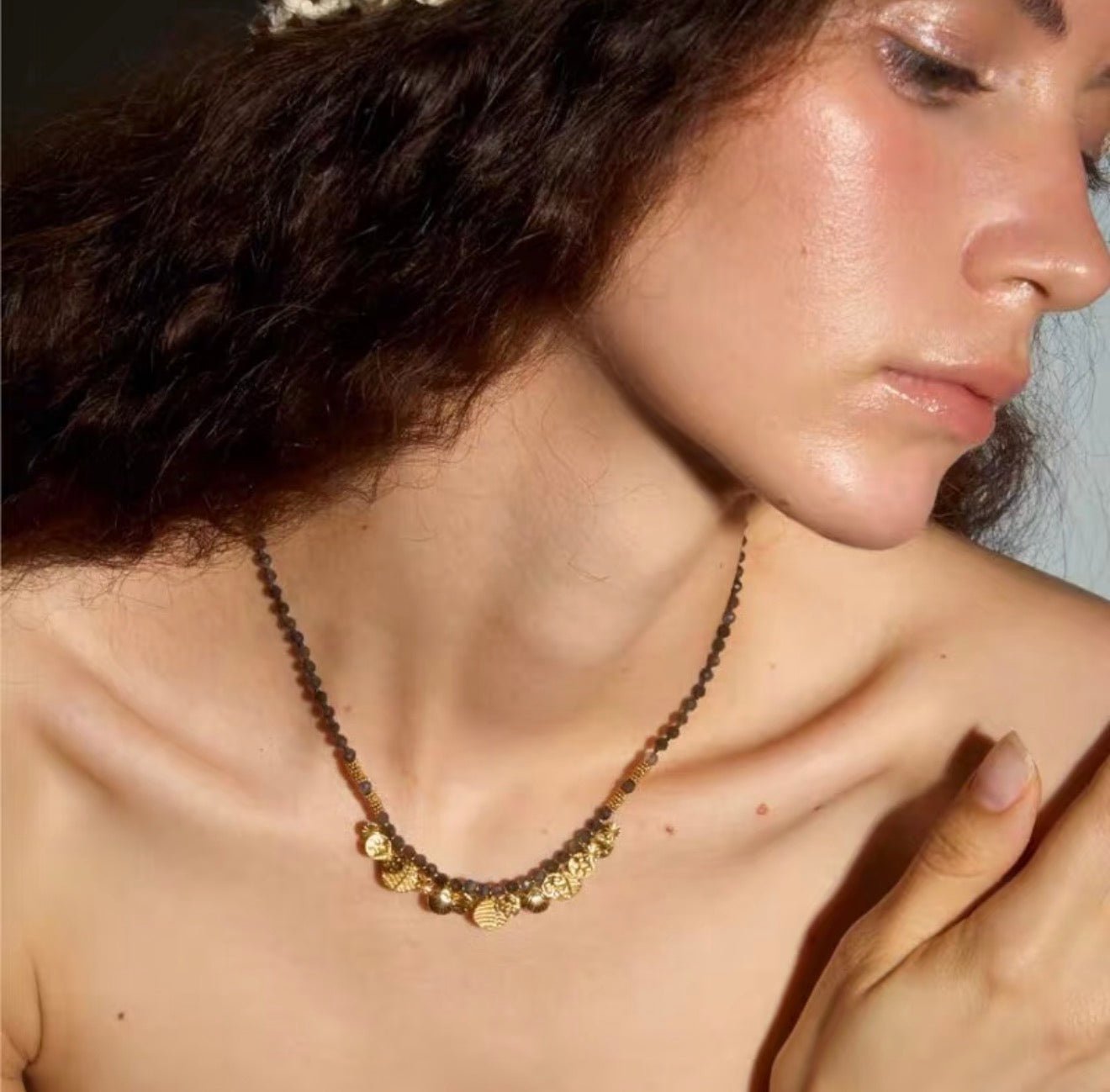 Artisan Hammered Coin Charm Natural Stone Beaded Necklace - floysun