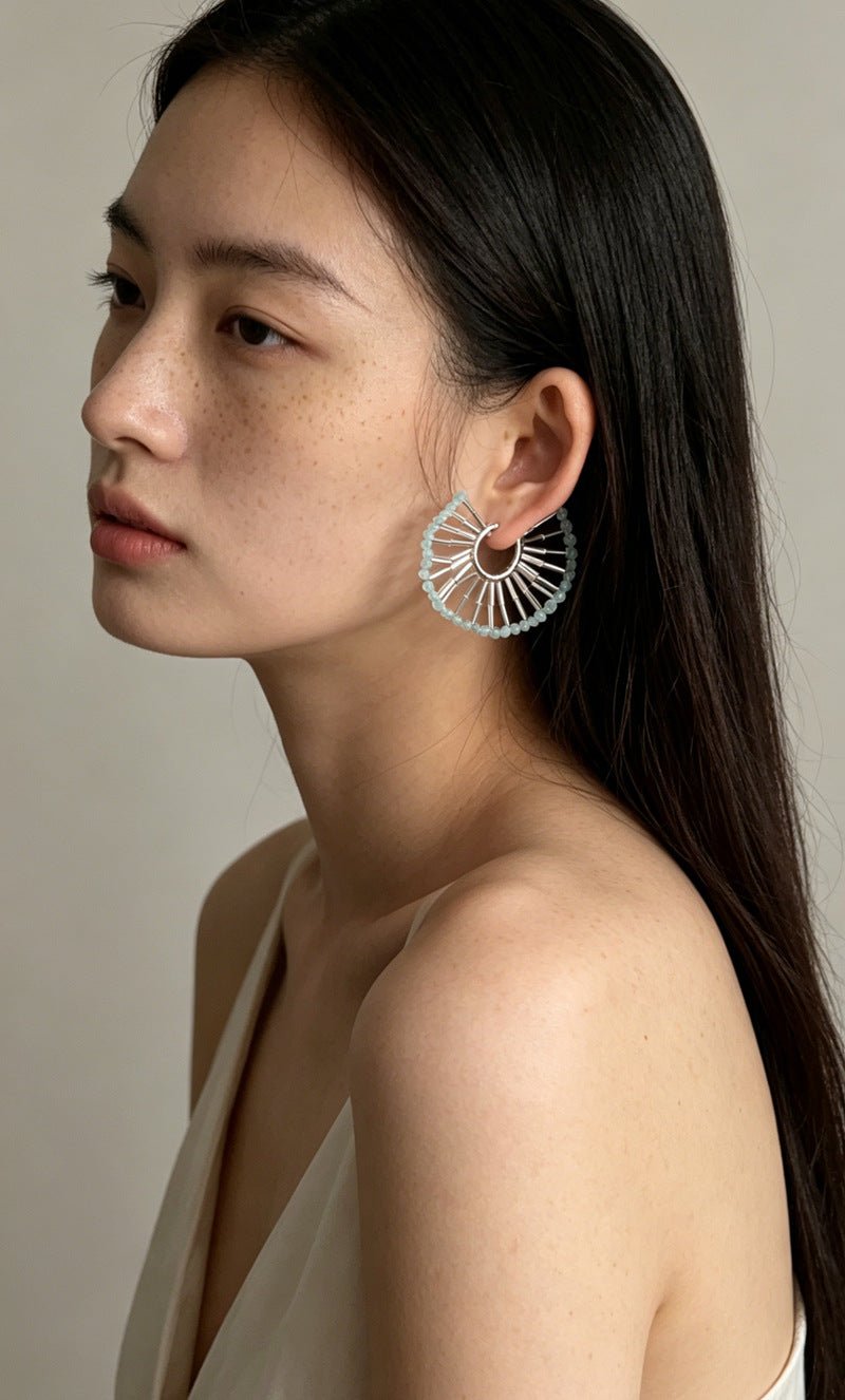 Artisanal Woven Bead Fan Hoop Earrings - 18K Gold Plated Brass & Opalite Statement Dangle Earrings - floysun