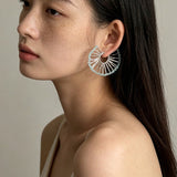 Artisanal Woven Bead Fan Hoop Earrings - 18K Gold Plated Brass & Opalite Statement Dangle Earrings - floysun