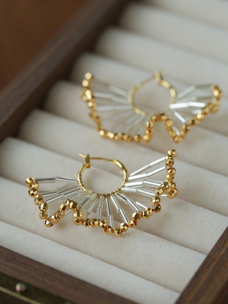 Artisanal Woven Bead Fan Hoop Earrings - 18K Gold Plated Brass & Opalite Statement Dangle Earrings - floysun