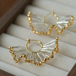 Artisanal Woven Bead Fan Hoop Earrings - 18K Gold Plated Brass & Opalite Statement Dangle Earrings - floysun