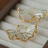 Artisanal Woven Bead Fan Hoop Earrings - 18K Gold Plated Brass & Opalite Statement Dangle Earrings - floysun