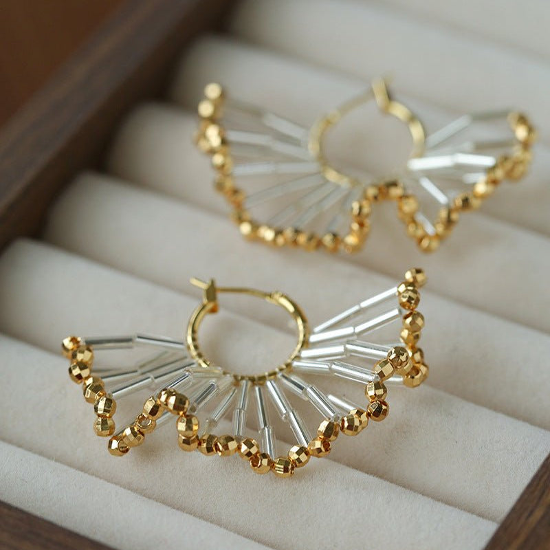 Artisanal Woven Bead Fan Hoop Earrings - 18K Gold Plated Brass & Opalite Statement Dangle Earrings - floysun