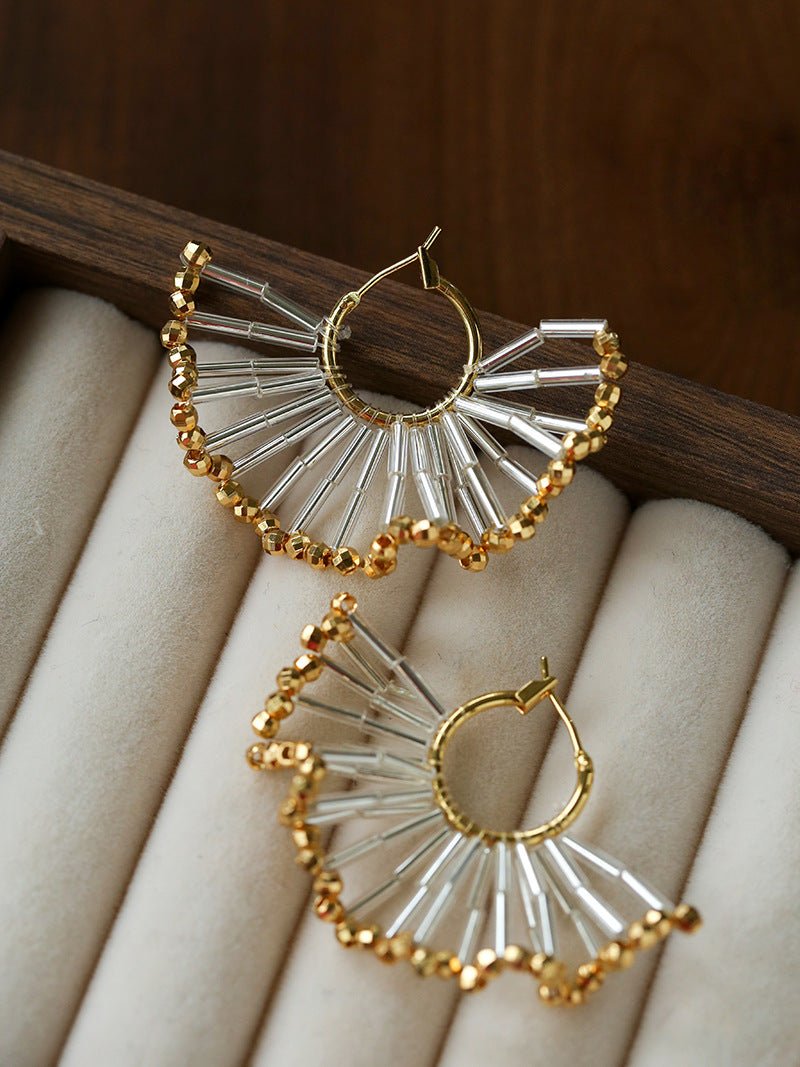 Artisanal Woven Bead Fan Hoop Earrings - 18K Gold Plated Brass & Opalite Statement Dangle Earrings - floysun