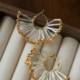 Artisanal Woven Bead Fan Hoop Earrings - 18K Gold Plated Brass & Opalite Statement Dangle Earrings - floysun