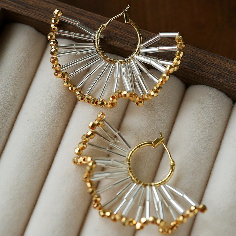Artisanal Woven Bead Fan Hoop Earrings - 18K Gold Plated Brass & Opalite Statement Dangle Earrings - floysun