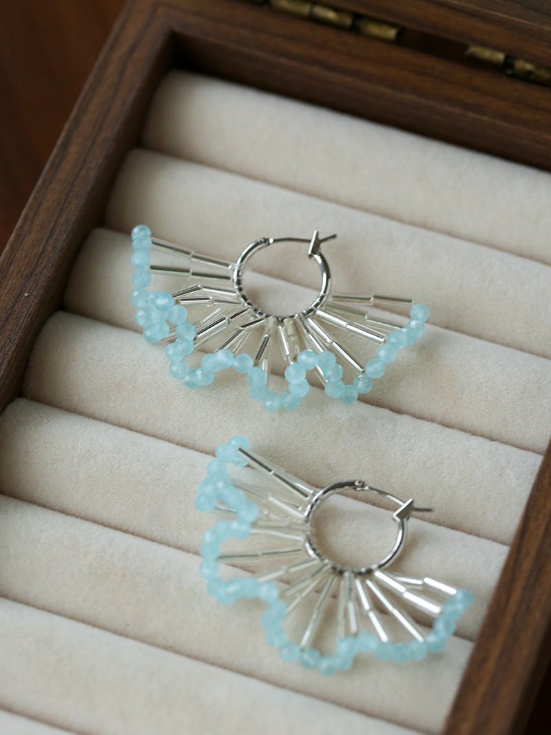 Artisanal Woven Bead Fan Hoop Earrings - 18K Gold Plated Brass & Opalite Statement Dangle Earrings - floysun