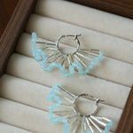 Artisanal Woven Bead Fan Hoop Earrings - 18K Gold Plated Brass & Opalite Statement Dangle Earrings - floysun