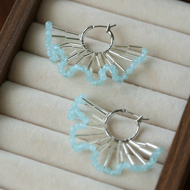 Artisanal Woven Bead Fan Hoop Earrings - 18K Gold Plated Brass & Opalite Statement Dangle Earrings - floysun