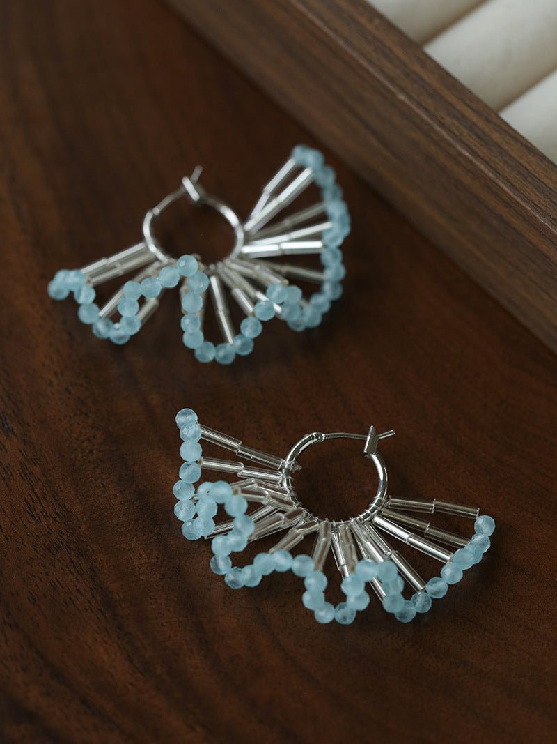 Artisanal Woven Bead Fan Hoop Earrings - 18K Gold Plated Brass & Opalite Statement Dangle Earrings - floysun