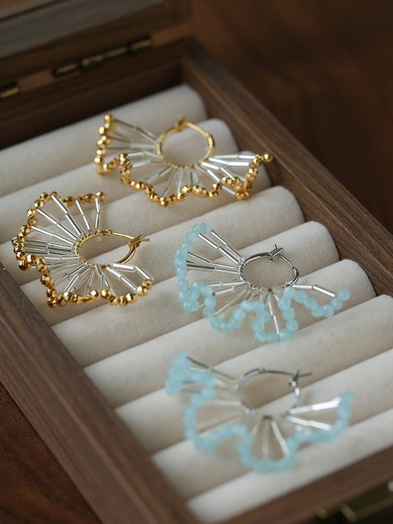 Artisanal Woven Bead Fan Hoop Earrings - 18K Gold Plated Brass & Opalite Statement Dangle Earrings - floysun