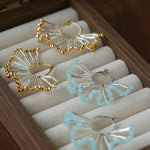 Artisanal Woven Bead Fan Hoop Earrings - 18K Gold Plated Brass & Opalite Statement Dangle Earrings - floysun
