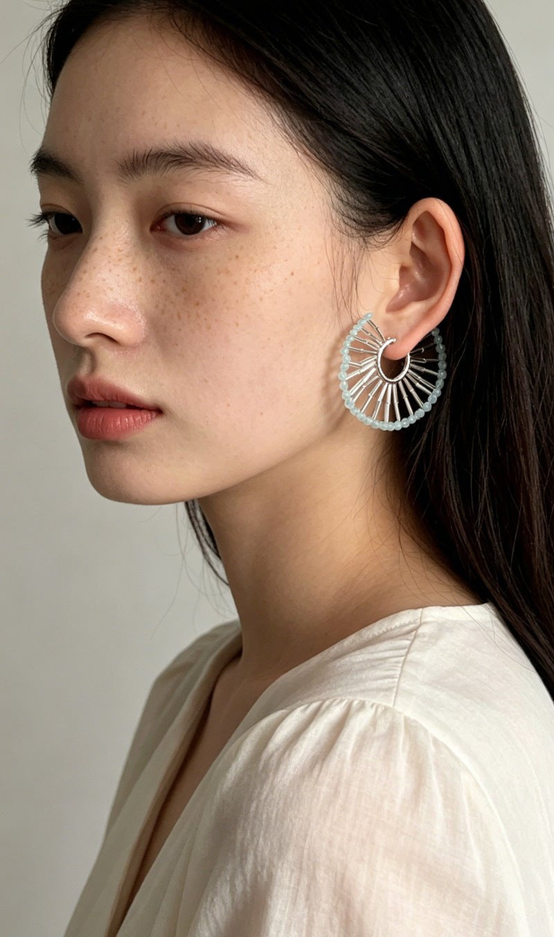 Artisanal Woven Bead Fan Hoop Earrings - 18K Gold Plated Brass & Opalite Statement Dangle Earrings - floysun