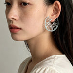 Artisanal Woven Bead Fan Hoop Earrings - 18K Gold Plated Brass & Opalite Statement Dangle Earrings - floysun