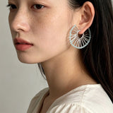 Artisanal Woven Bead Fan Hoop Earrings - 18K Gold Plated Brass & Opalite Statement Dangle Earrings - floysun